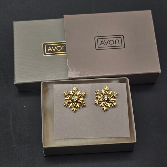 Avon 1988 Glistening Snowflake Earrings In Box Gold Tone Christmas Holiday - Picture 3 of 7